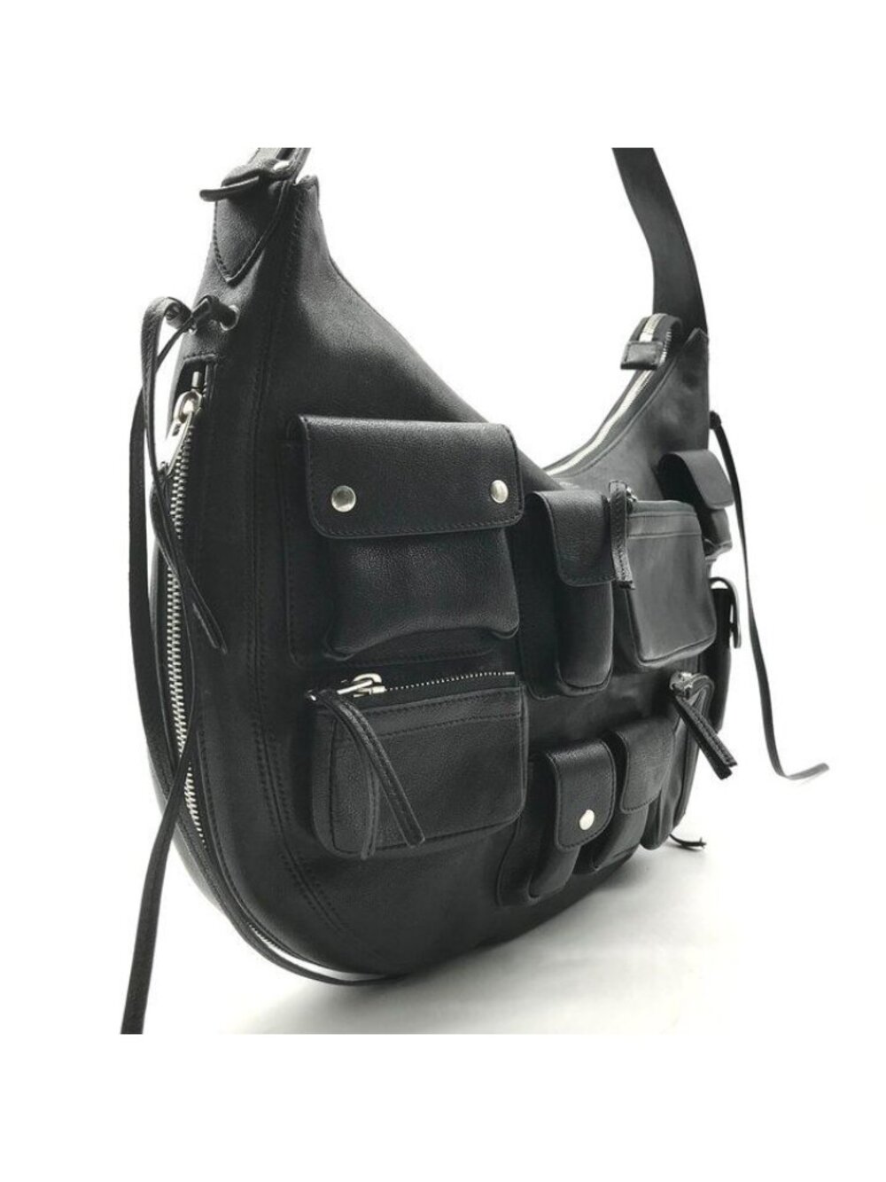 Celine Multi Pocket Silver Hobo Half Moon Leather Hand Shoulder Bag Black - Picture 2 of 10